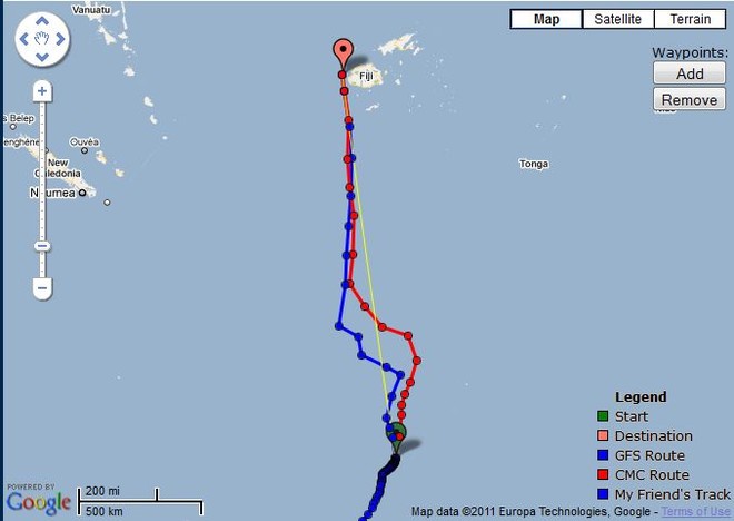 Predictwind’s route options for TeamVodafoneSailing as of 0800hrs on 7 June 2011 - Auckland Musket Cove, Fiji Race © PredictWind.com www.predictwind.com
